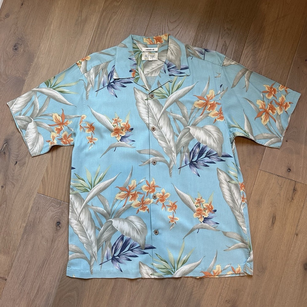 ISLANDER 100% Washable Silk Mens Shirt Hawaiian Blue Floral‎ Palm | Medium